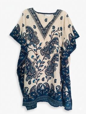 Printed Blue Cream White Paisley Boho V-Neck Floral Spring Kaftan Tunic S